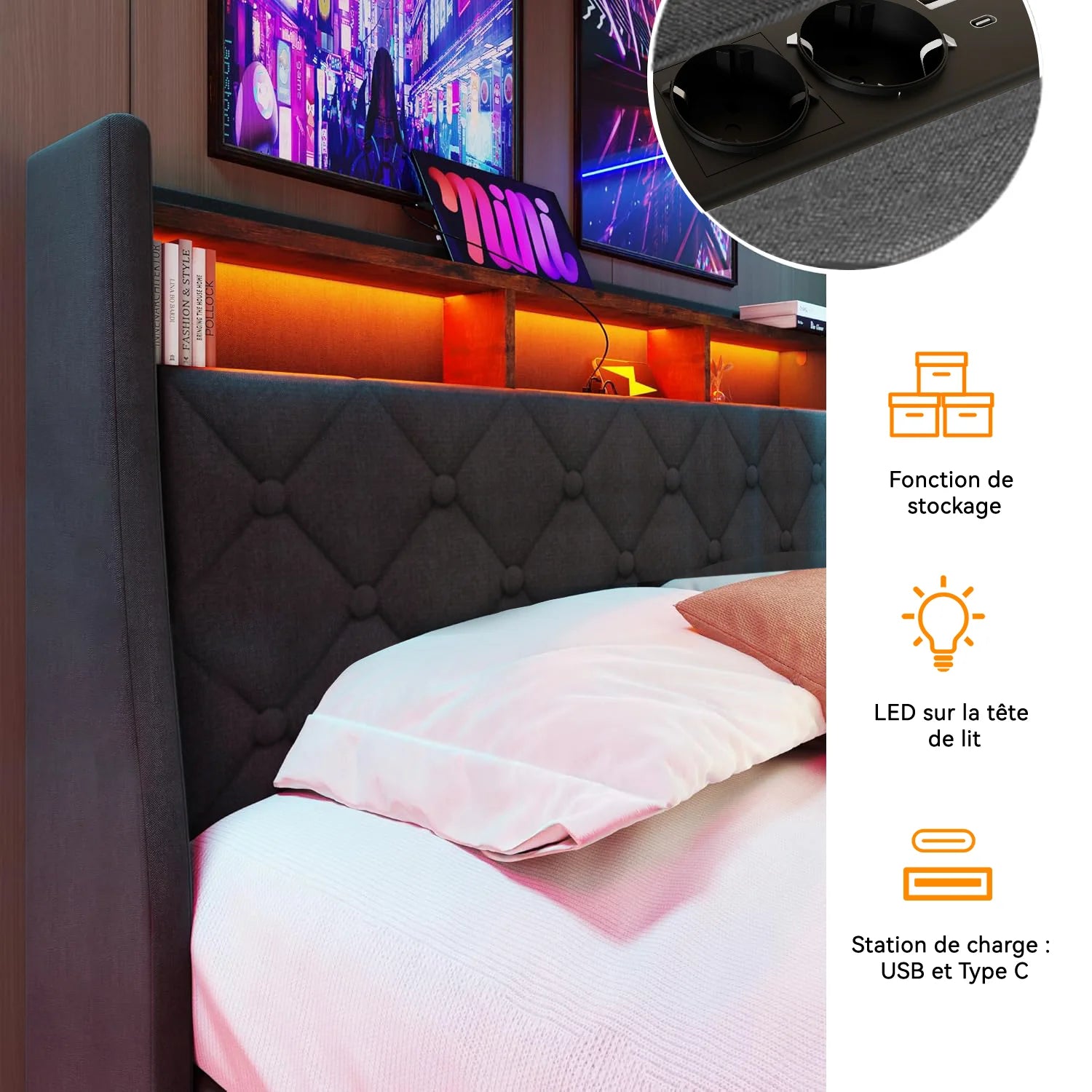 Lit coffre 140 × 190 cm avec LED et ports USB