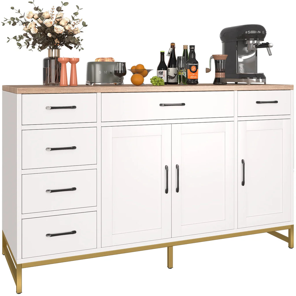 Buffet armoire cuisine blanche avec plan de travail, 4 tiroirs et 2 portes latérales