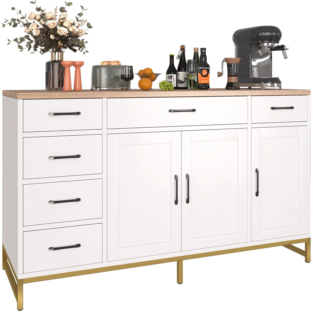 Buffet armoire cuisine blanche avec plan de travail, 4 tiroirs et 2 portes latérales