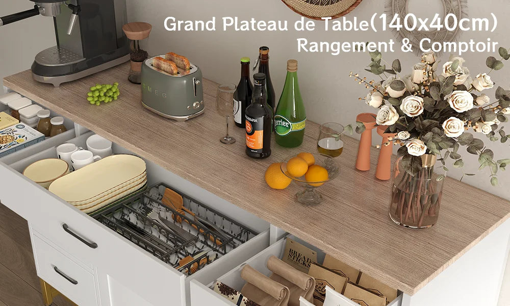 Buffet blanc avec tiroir grillagé et rangement intérieur, vue en perspective du plan