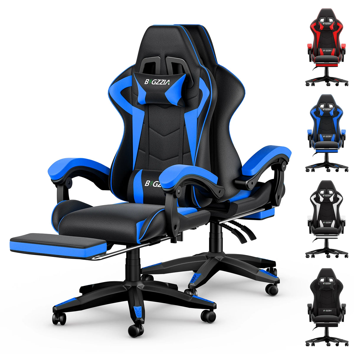 Fauteuil gaming inclinable avec repose-pieds — Noir et bleu
