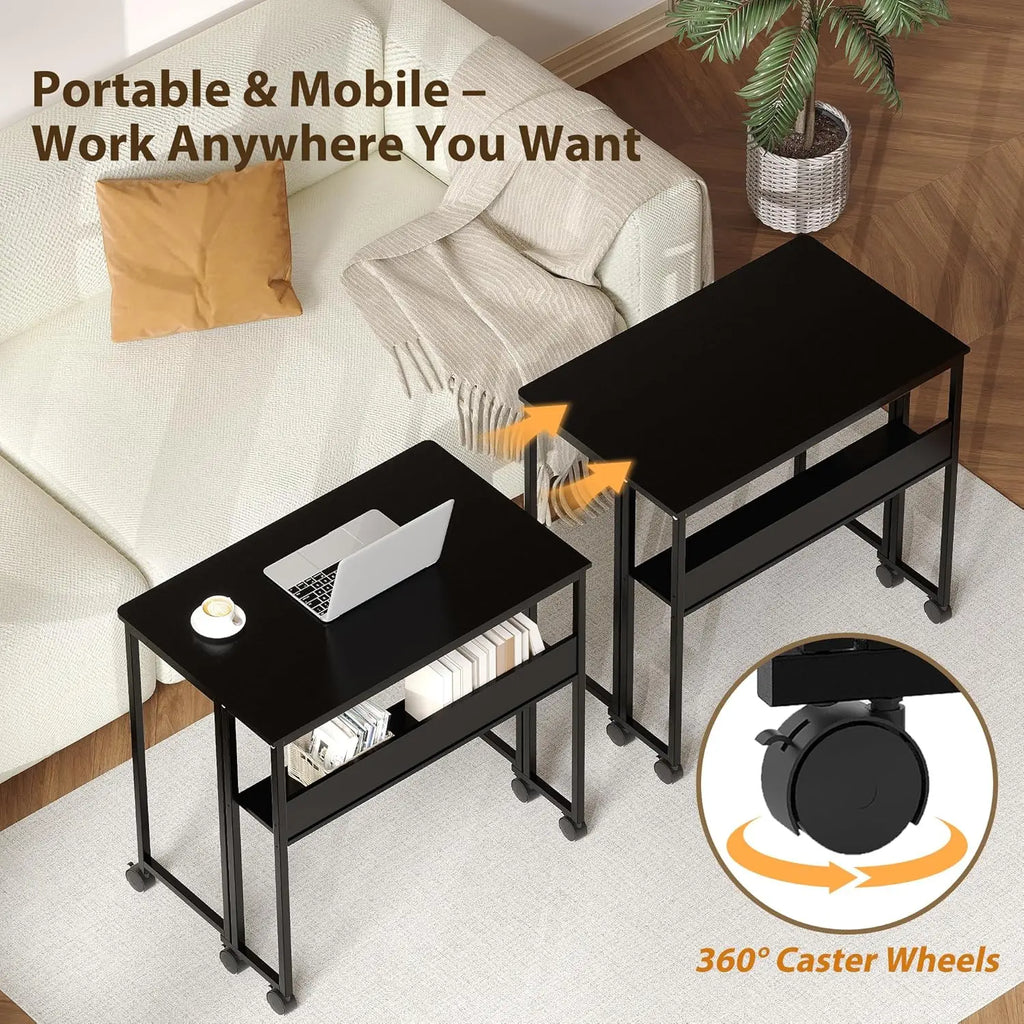 Bureau pliable à roulettes avec étagère de rangement, coloris noir, visuel 6