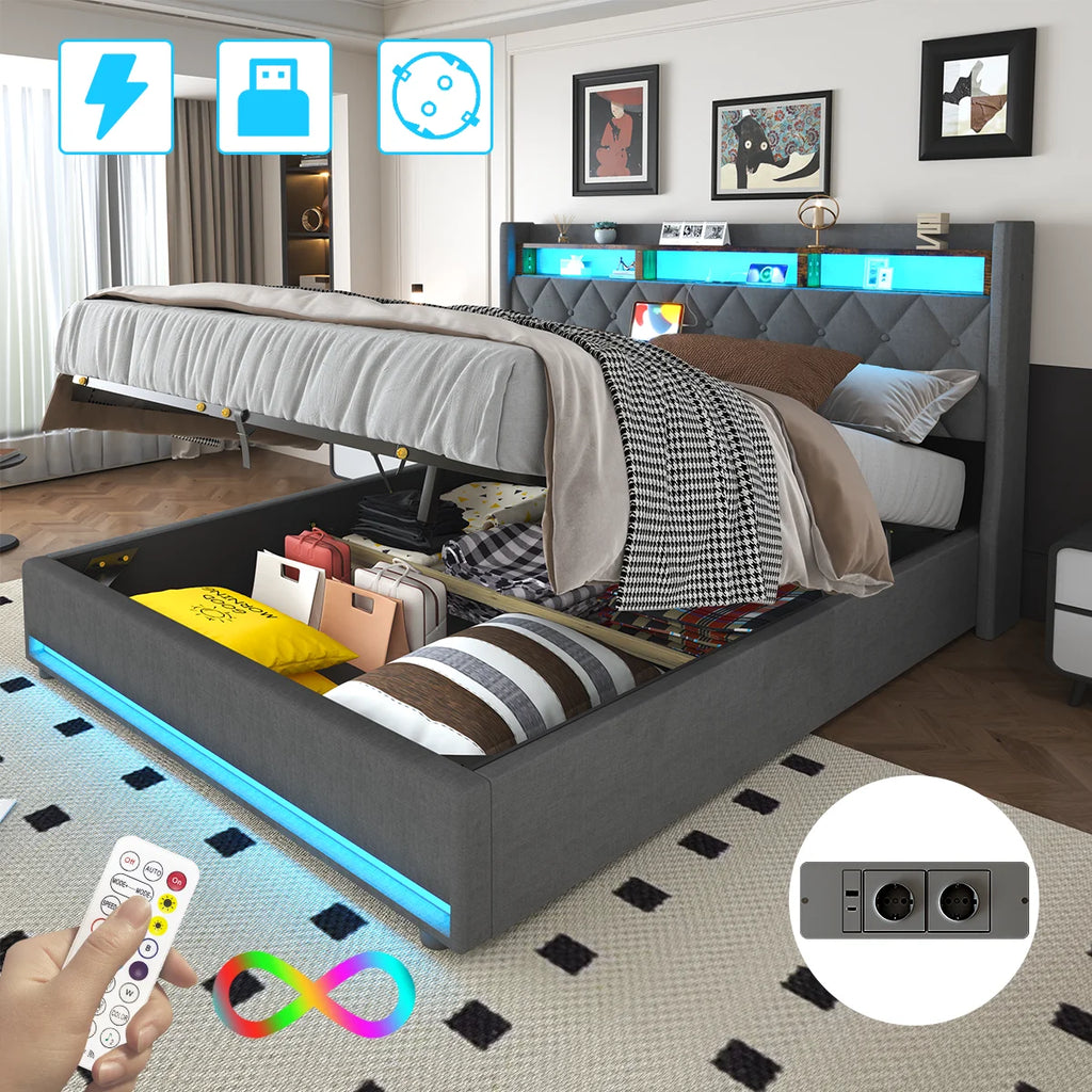 Lit coffre 140 × 190 cm avec LED et ports USB