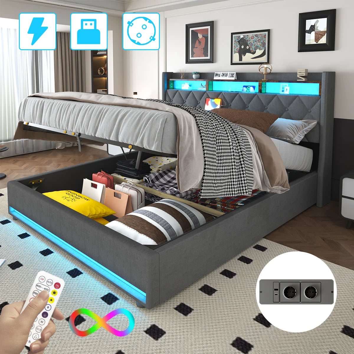 Lit coffre 140 × 190 cm avec LED et ports USB