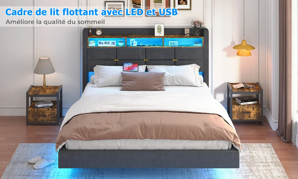 Lit effet flottant avec LED, 2 prises et 2 ports USB