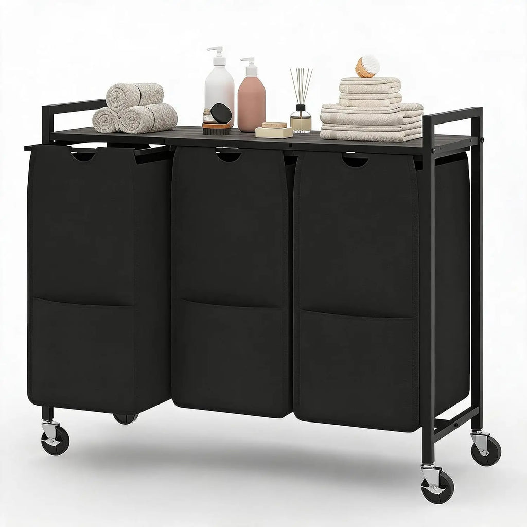 Trieur de linge 120 L à trois sections et roulettes, couleur gris