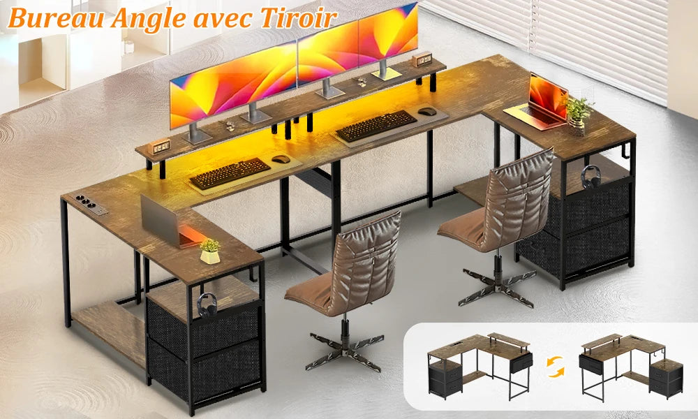 Bureau d’angle réversible LED avec prises et USB