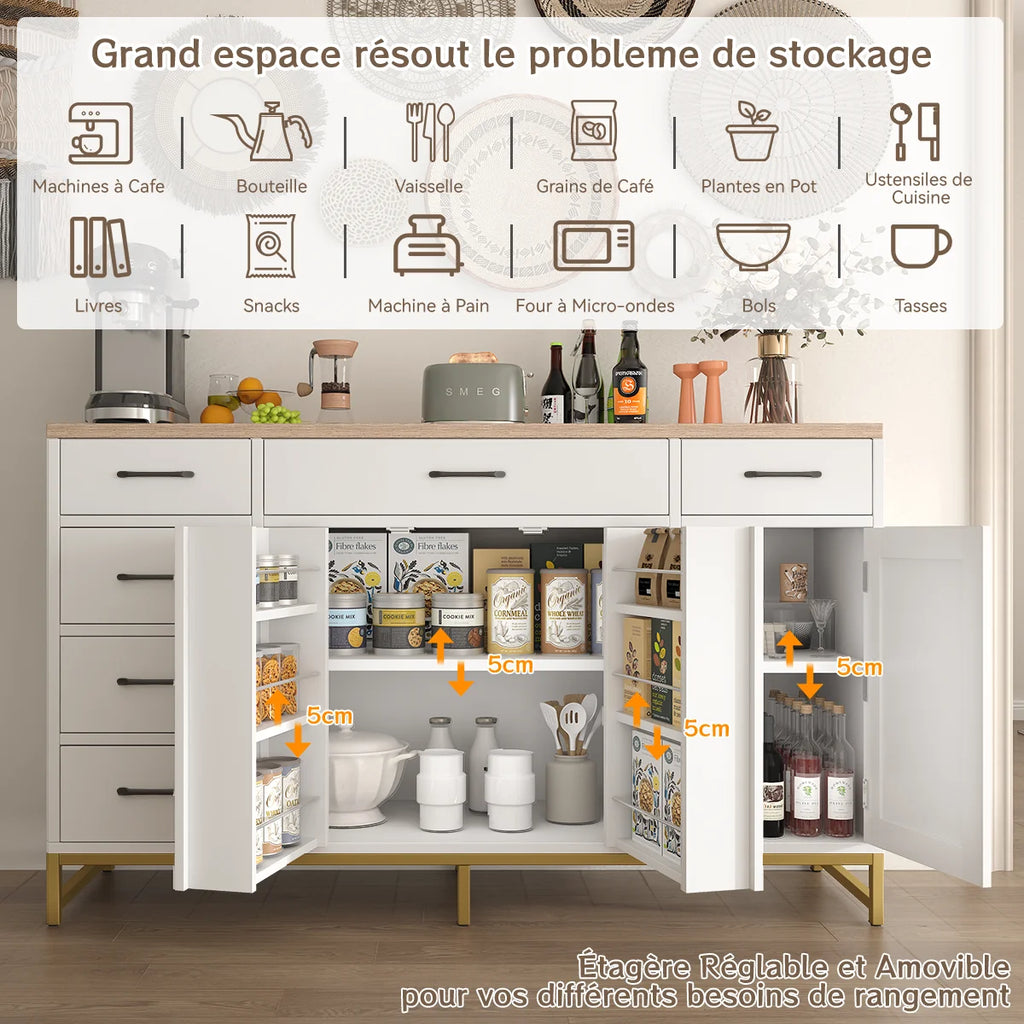 Buffet blanc avec portes ouvertes et compartiments de rangement, étiquetages de capacité