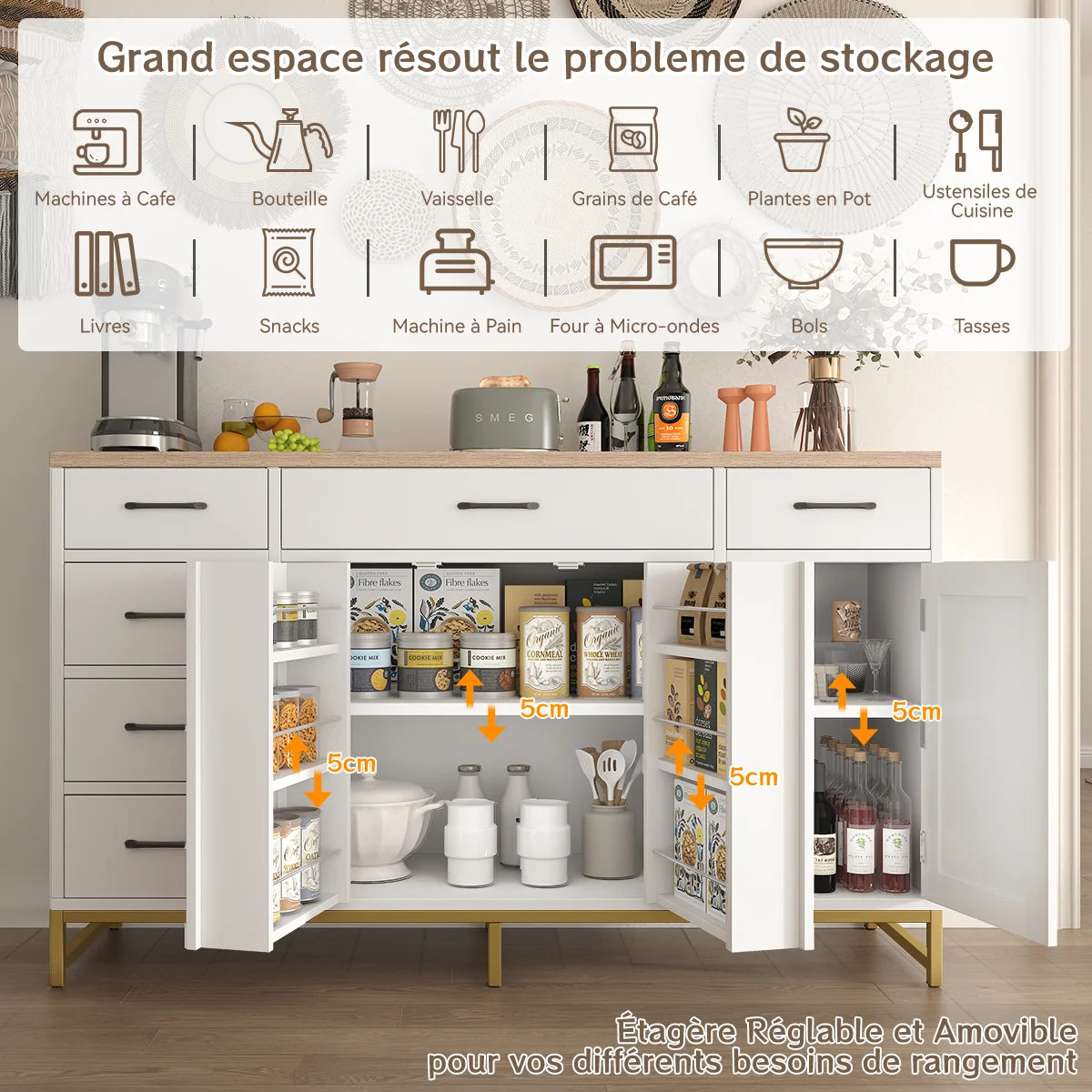 Buffet blanc avec portes ouvertes et compartiments de rangement, étiquetages de capacité