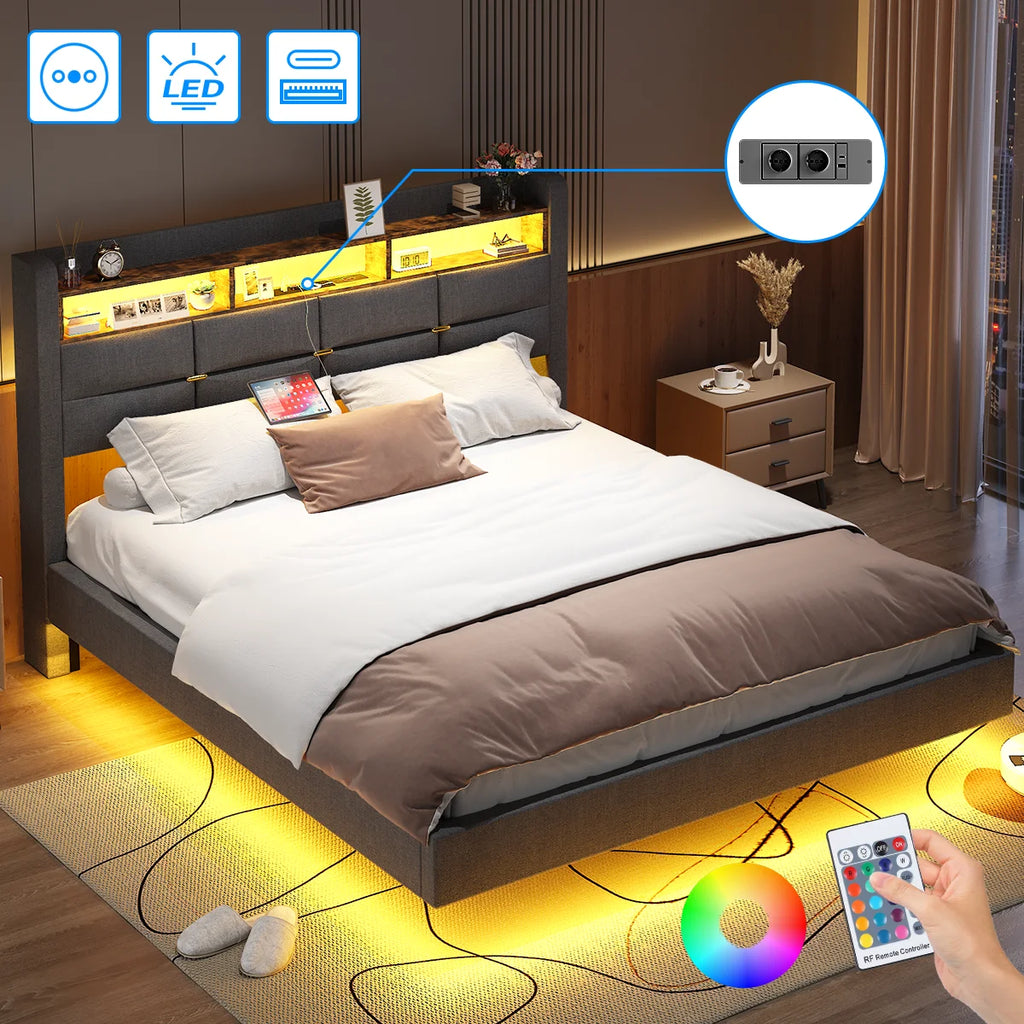 Lit effet flottant avec LED, 2 prises et 2 ports USB
