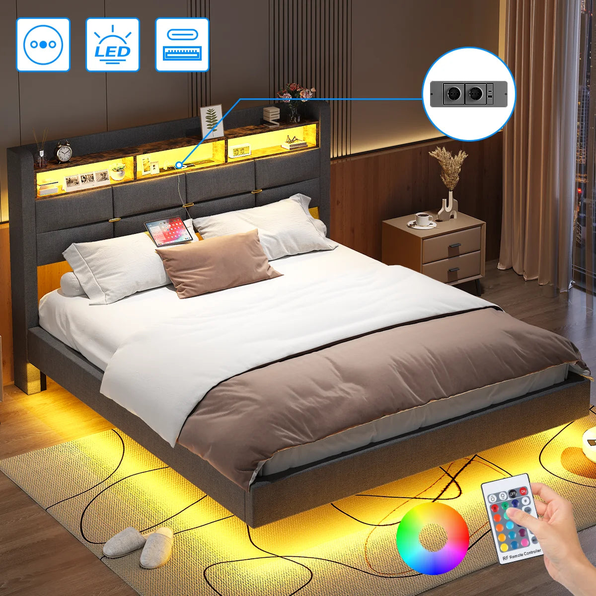 Lit effet flottant avec LED, 2 prises et 2 ports USB