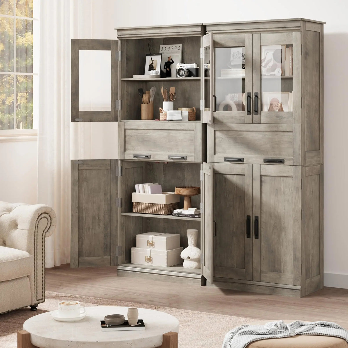 Colonne de salle de bain grise 170 cm avec rangement et portes vitrées, visuel 3