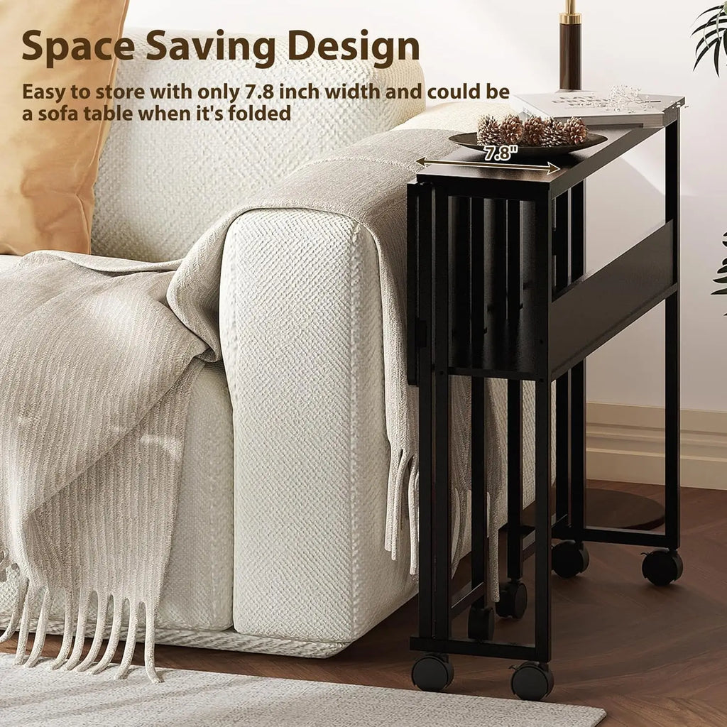 Bureau pliable à roulettes avec étagère de rangement, coloris noir, visuel 7