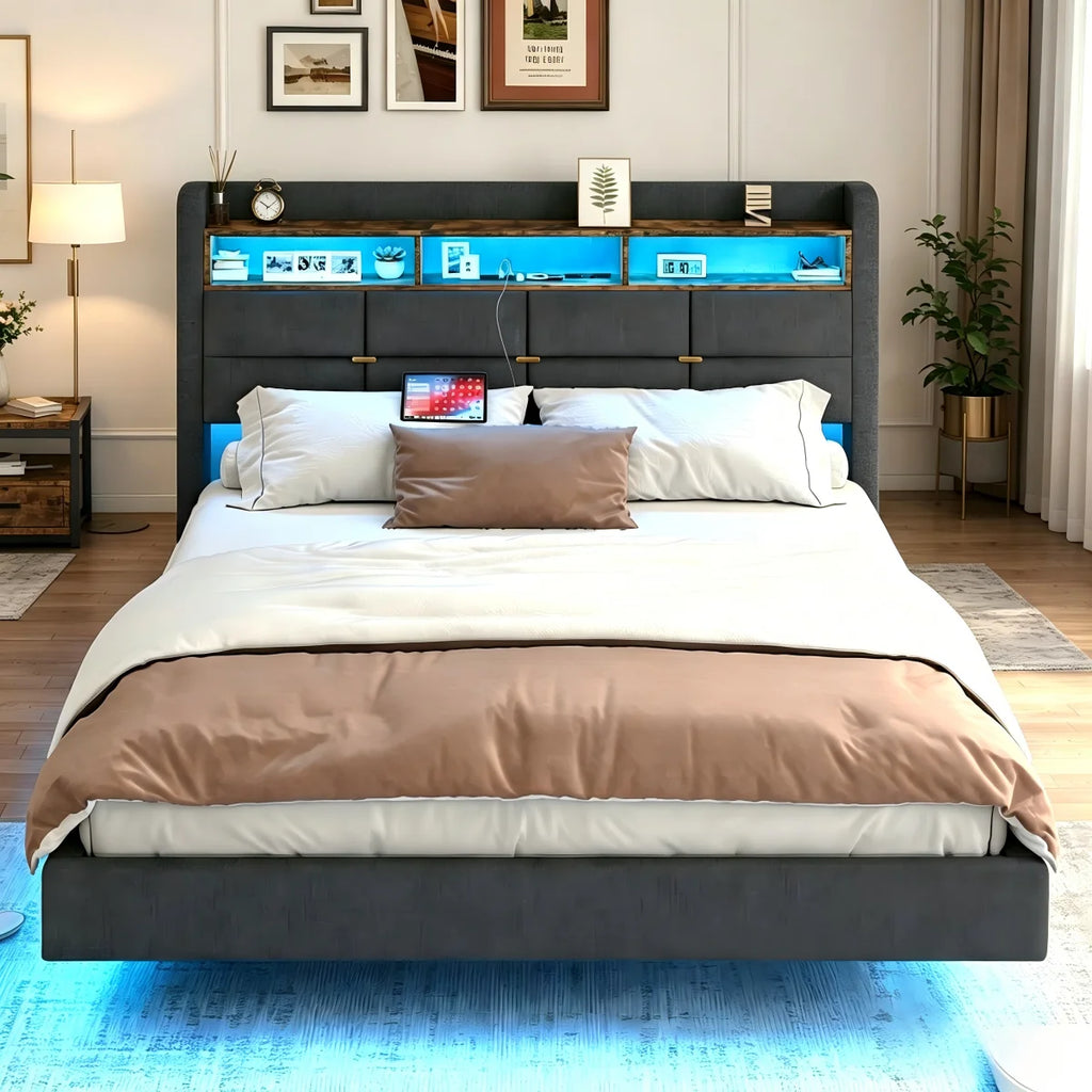 Lit effet flottant avec LED, 2 prises et 2 ports USB