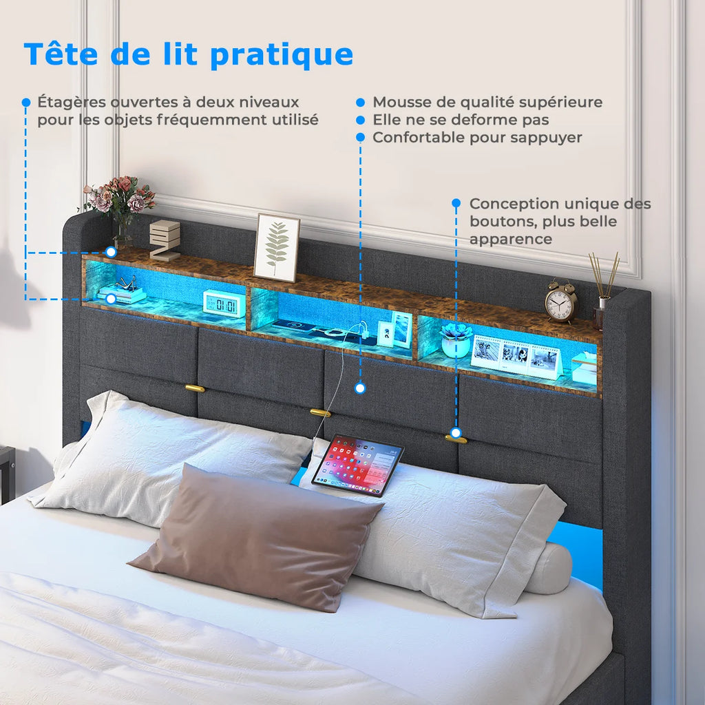 Lit effet flottant avec LED, 2 prises et 2 ports USB