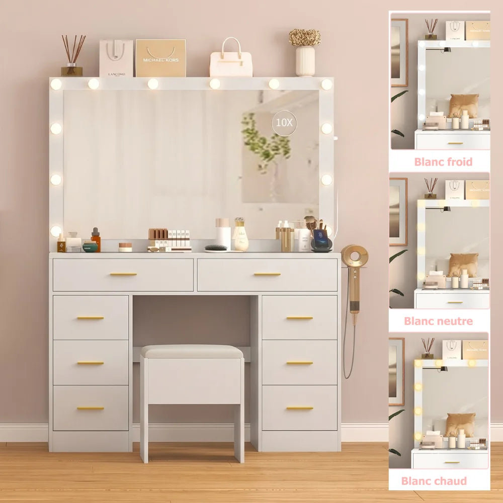 Coiffeuse à 8 tiroirs avec miroir et tabouret
