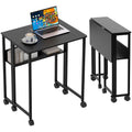 Bureau pliable à roulettes avec étagère de rangement, coloris noir