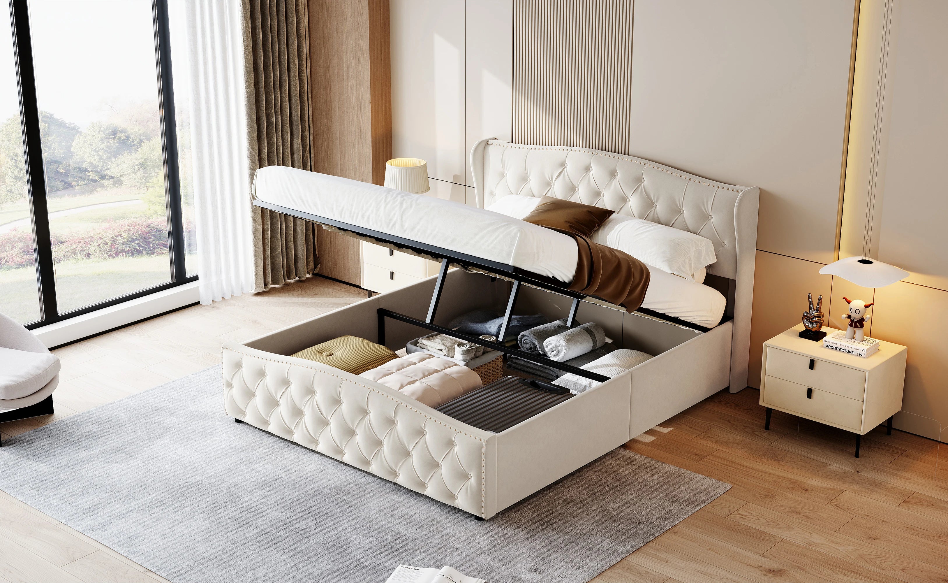 Lit double coffre en velours 140 ou 160 × 200 cm