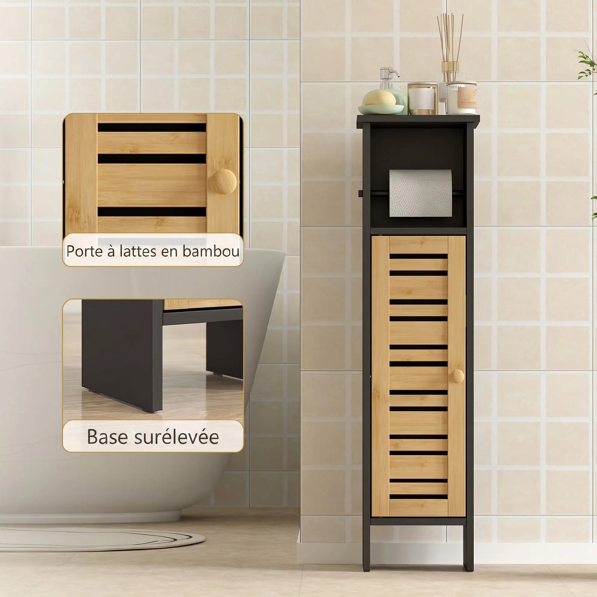 Meuble WC étroit en bois et bambou avec porte-rouleau