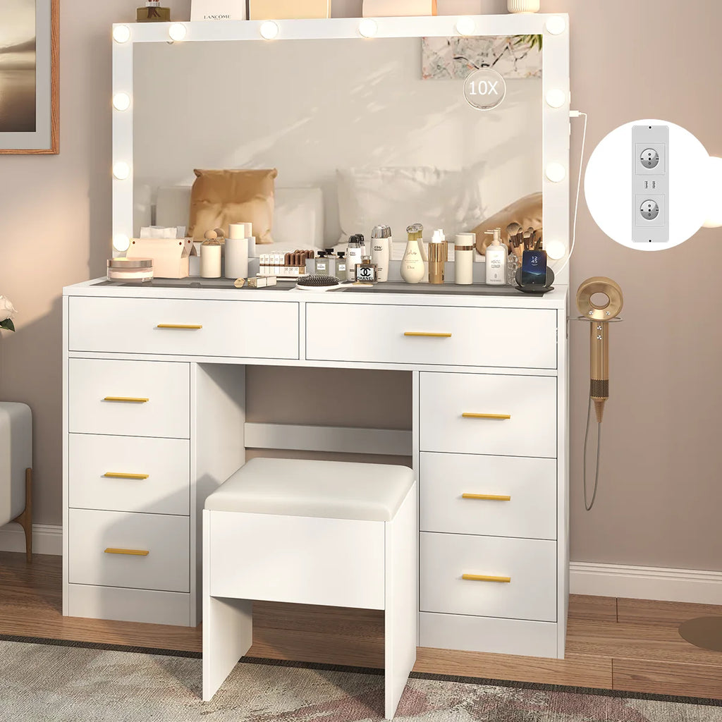 Coiffeuse à 8 tiroirs avec miroir et tabouret