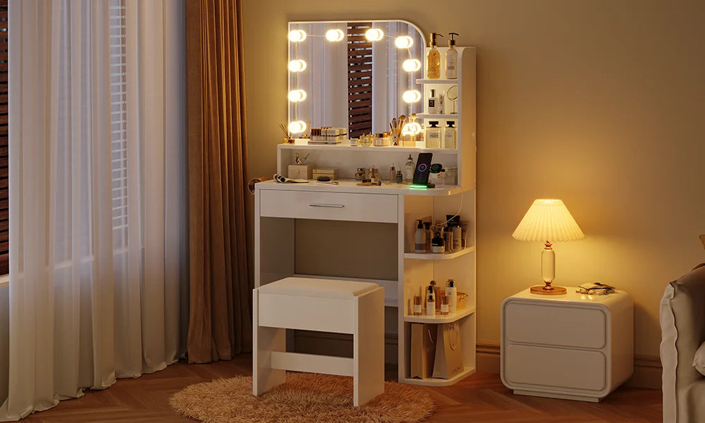 Coiffeuse avec miroir LED, tabouret et 4 tiroirs