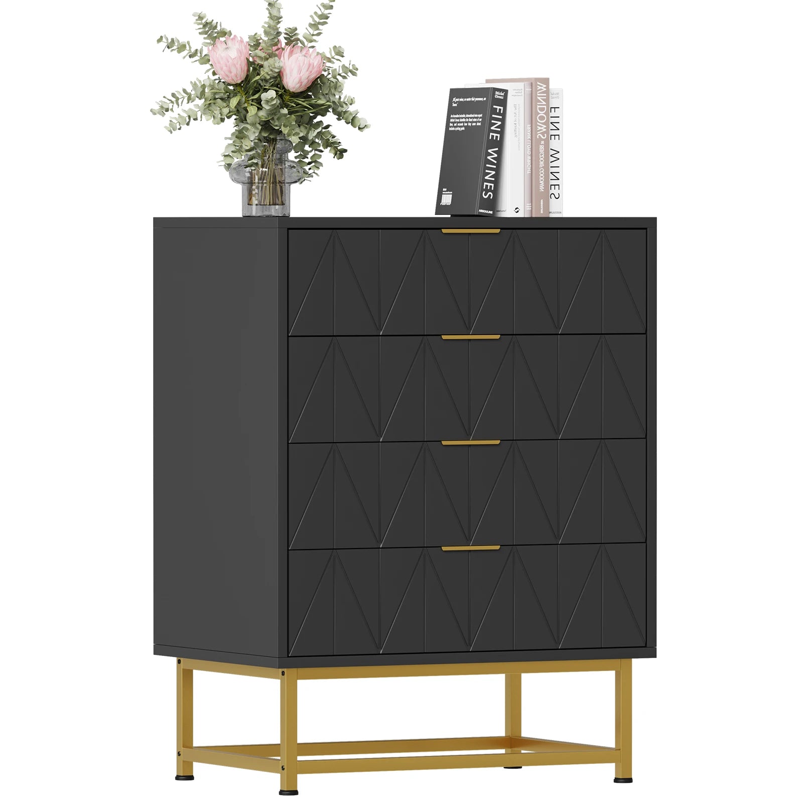 Commode noire 4 tiroirs à motif arbre 60 × 40 × 79 cm
