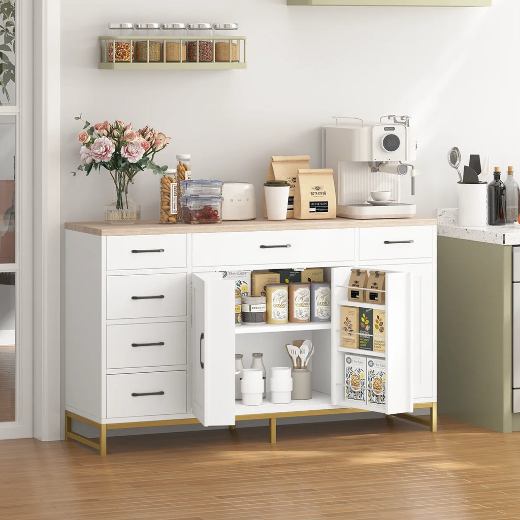 Buffet blanc avec plan de travail et rangement intérieur ouvert, tiroirs et portes
