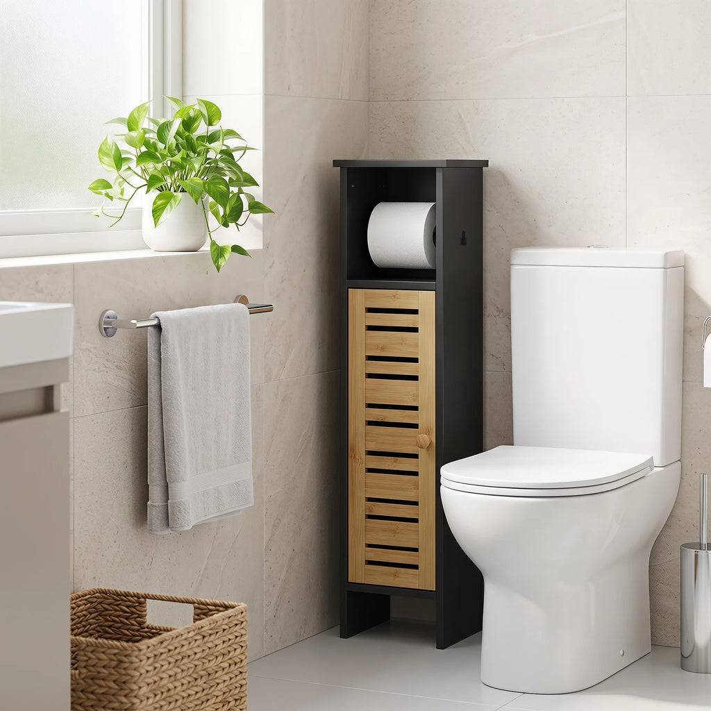 Meuble WC étroit en bois et bambou avec porte-rouleau