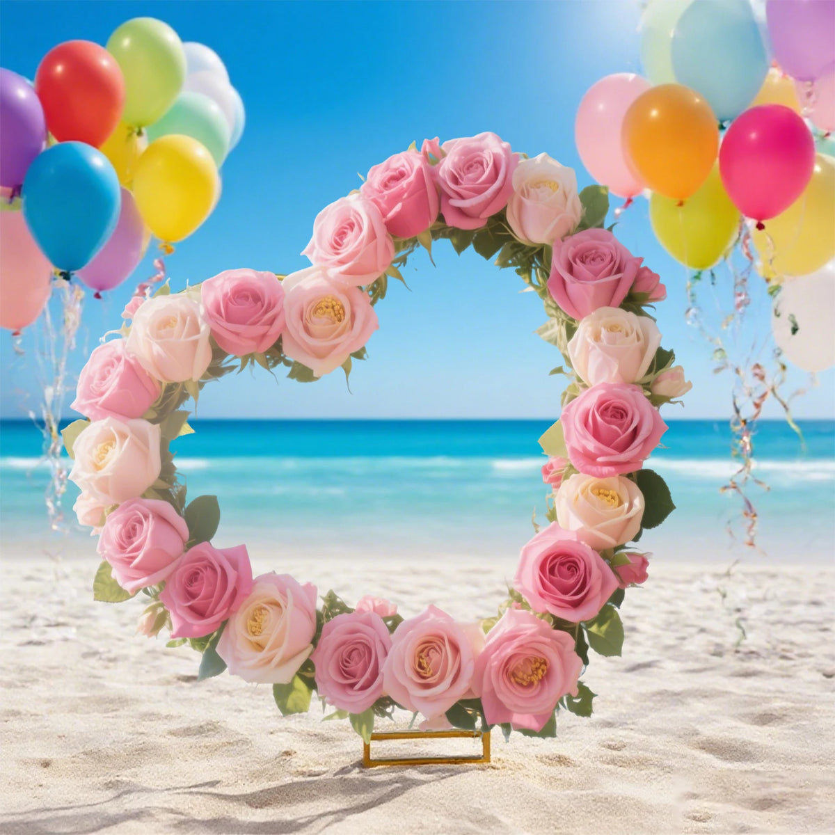 Arche de mariage dorée : arche en cœur avec roses roses.