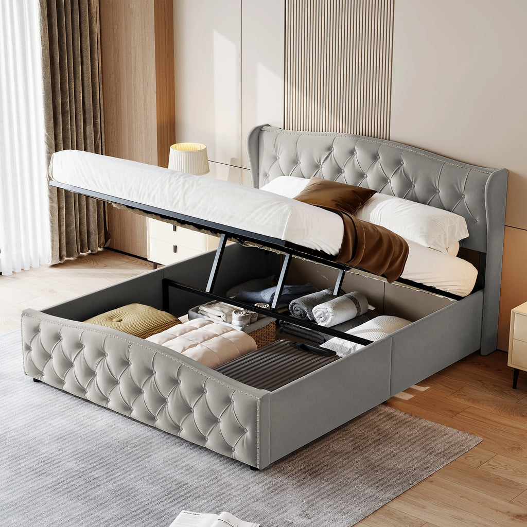 Lit double coffre en velours 140 ou 160 × 200 cm