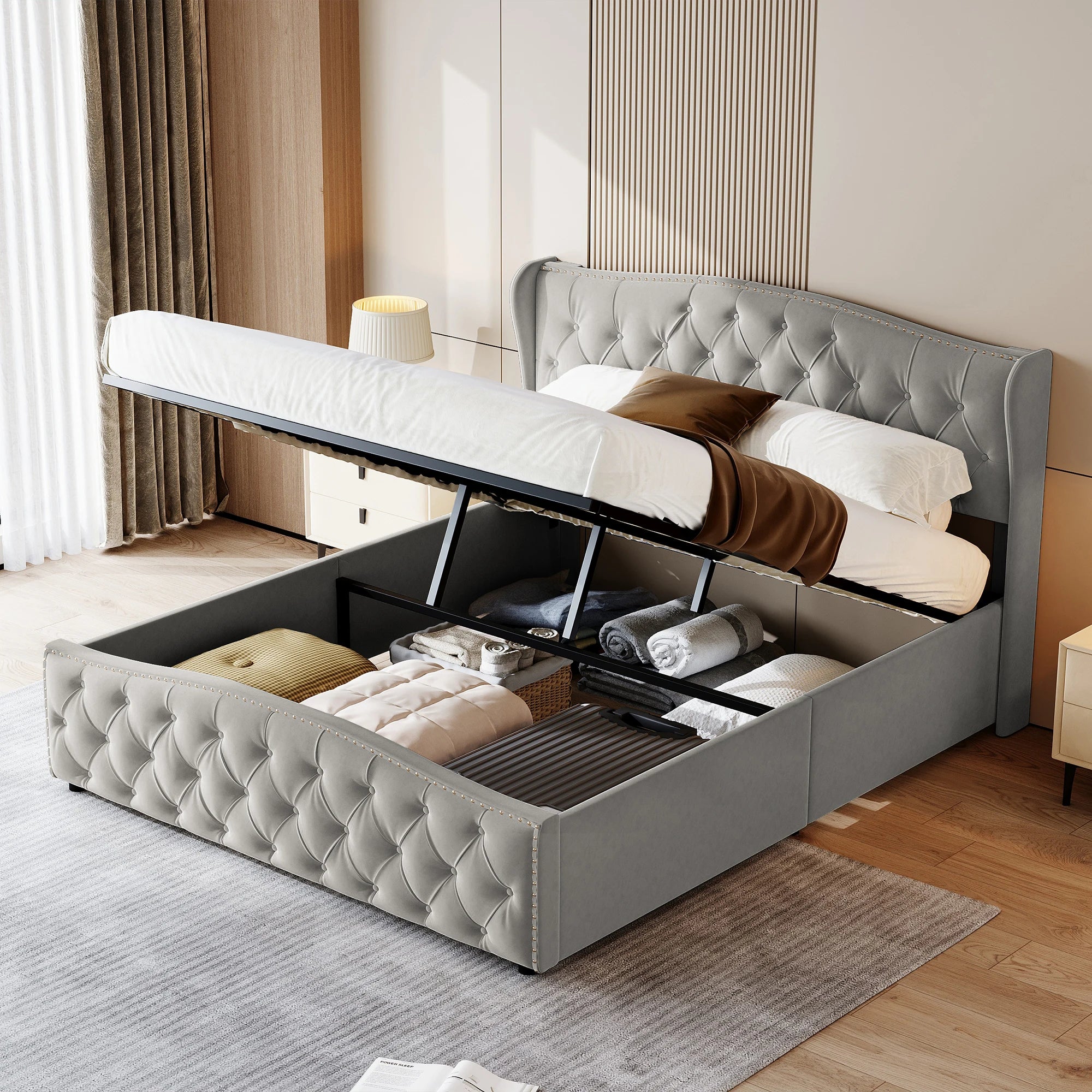Lit double coffre en velours 140 ou 160 × 200 cm