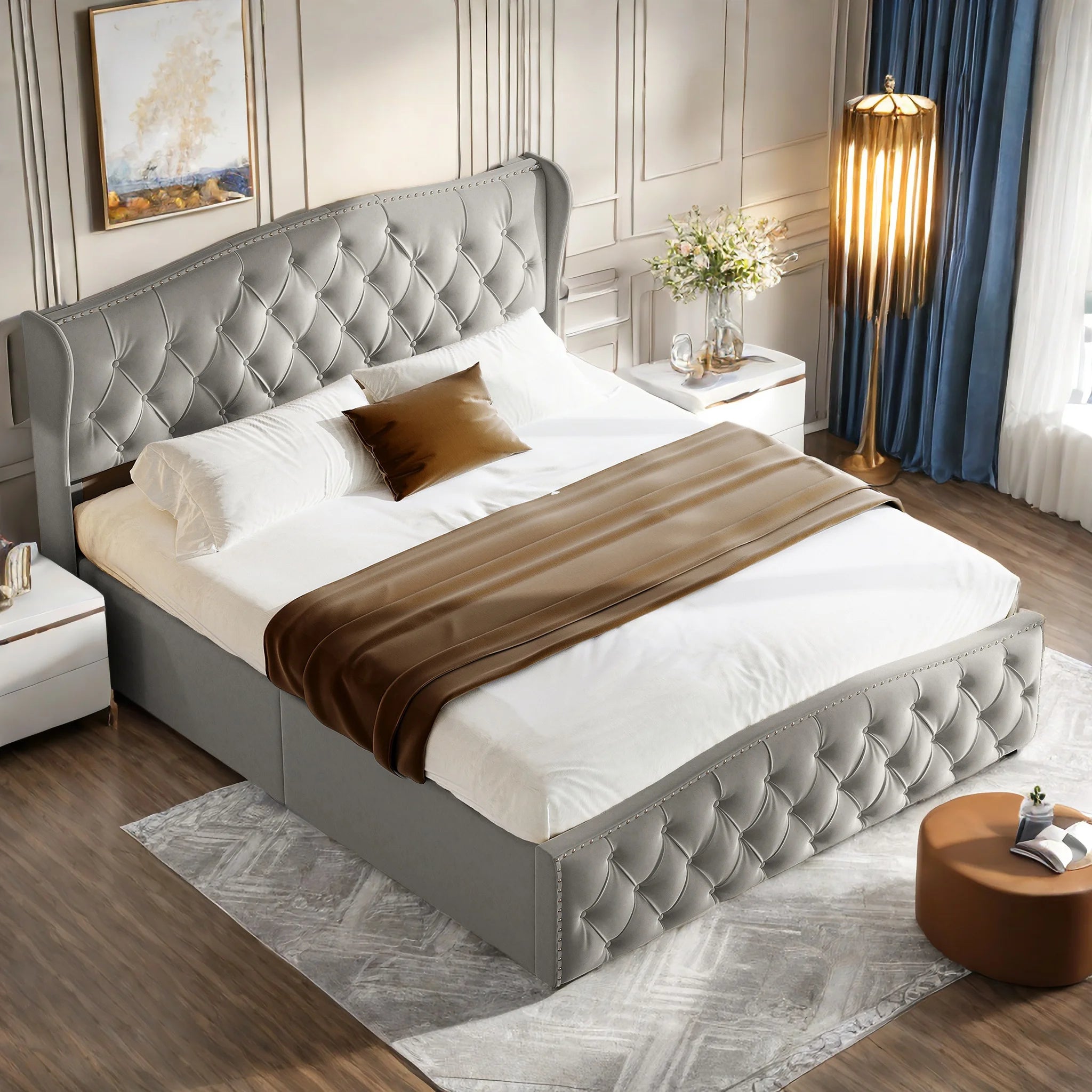 Lit double coffre en velours 140 ou 160 × 200 cm