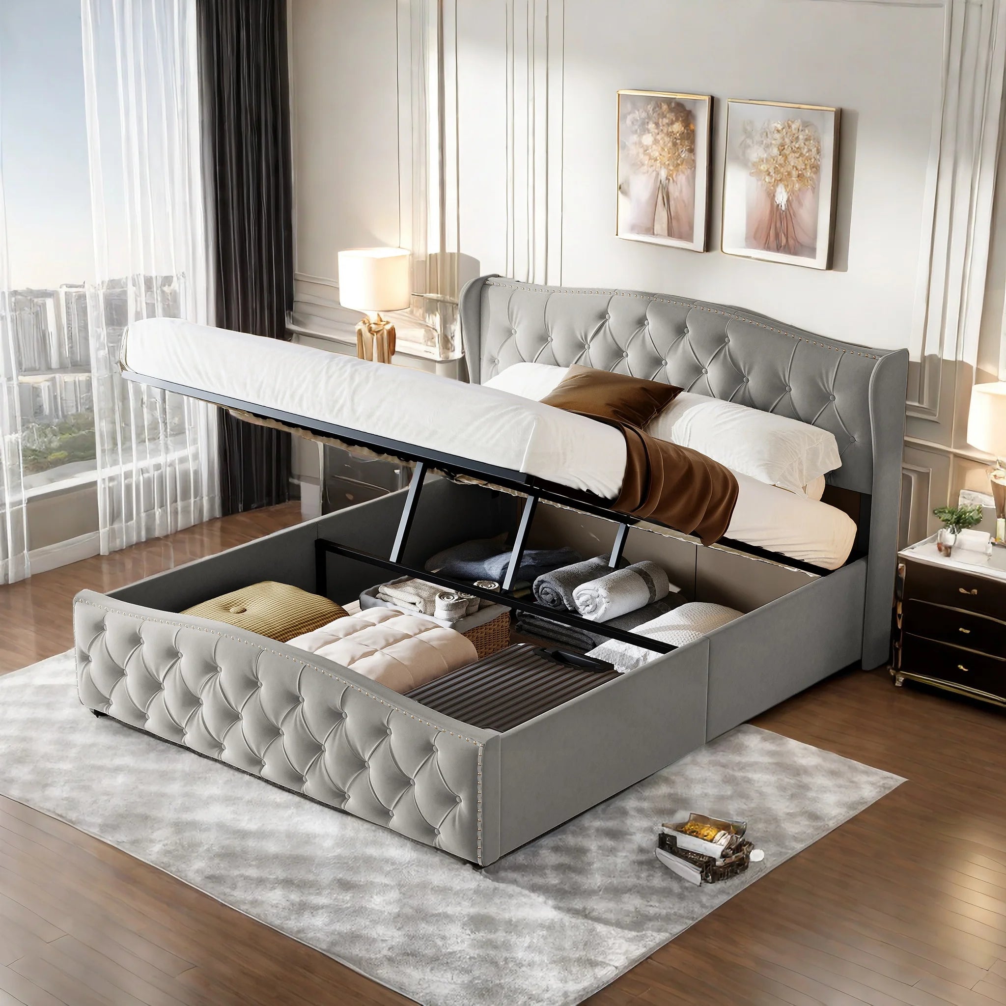 Lit double coffre en velours 140 ou 160 × 200 cm