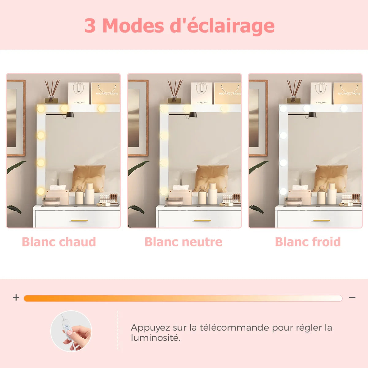 Coiffeuse à 8 tiroirs avec miroir et tabouret