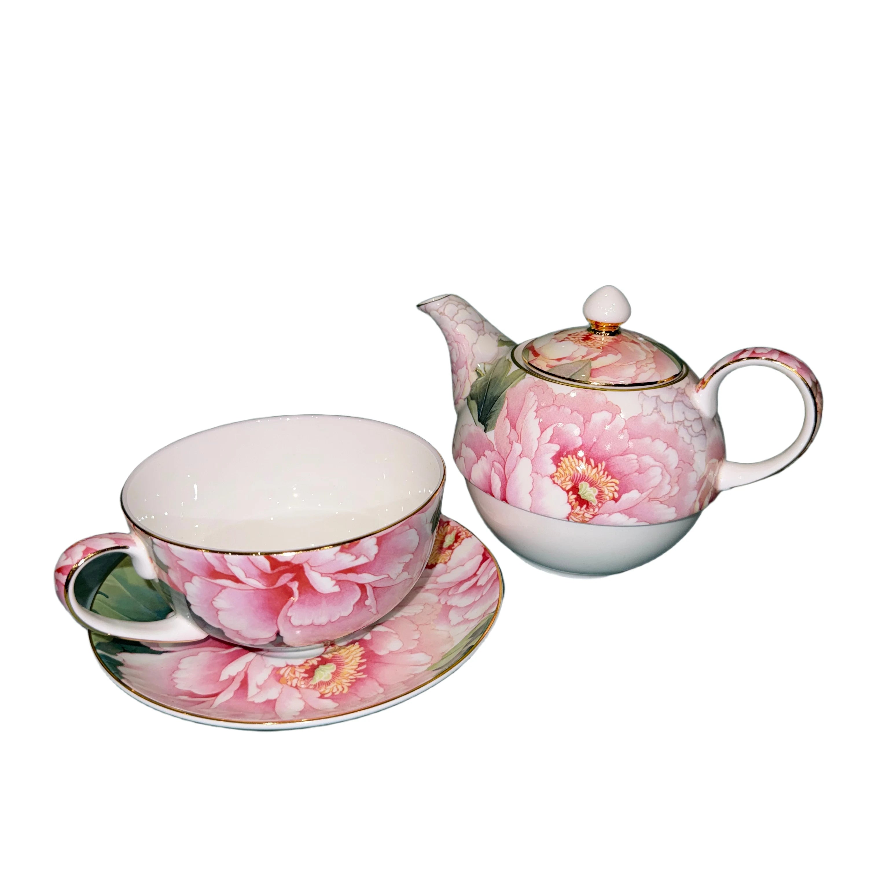 Théière, tasse et soucoupe en porcelaine, motif pivoines