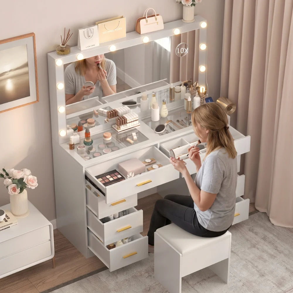 Coiffeuse à 8 tiroirs avec miroir et tabouret