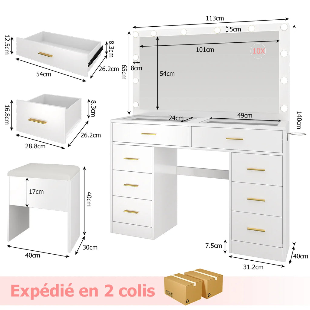 Coiffeuse à 8 tiroirs avec miroir et tabouret