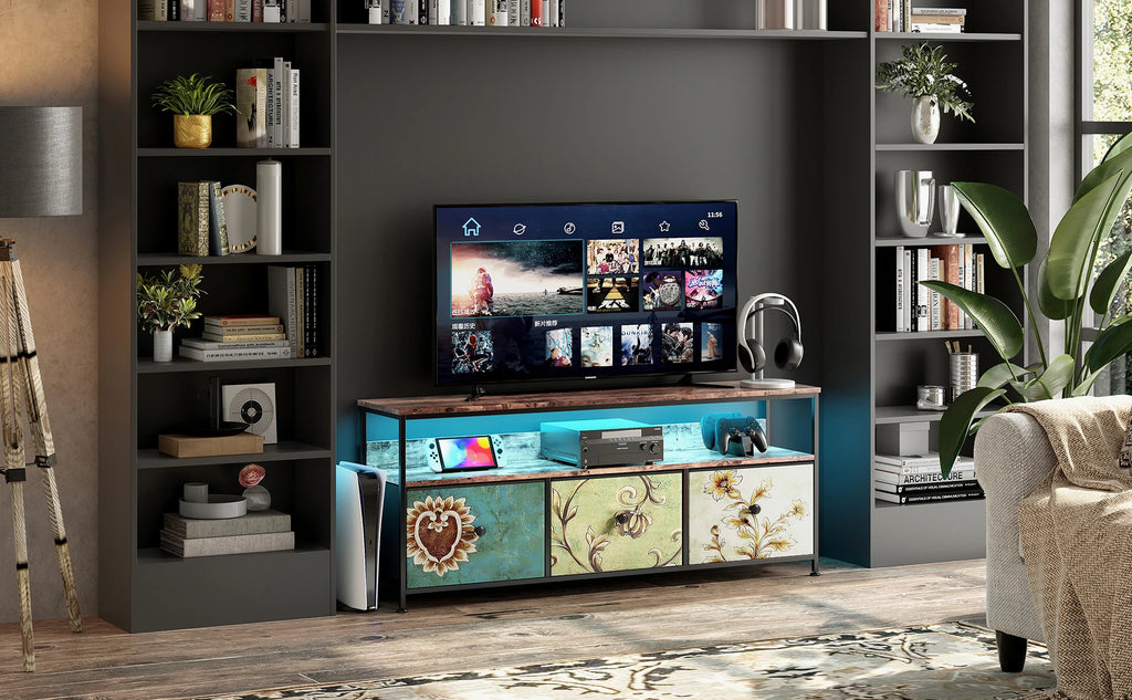 Meuble TV vintage avec LED et trois tiroirs textiles, illustration 10