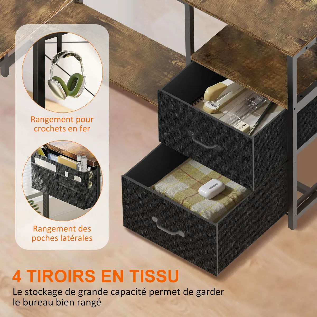 Bureau d’angle réversible LED avec prises et USB