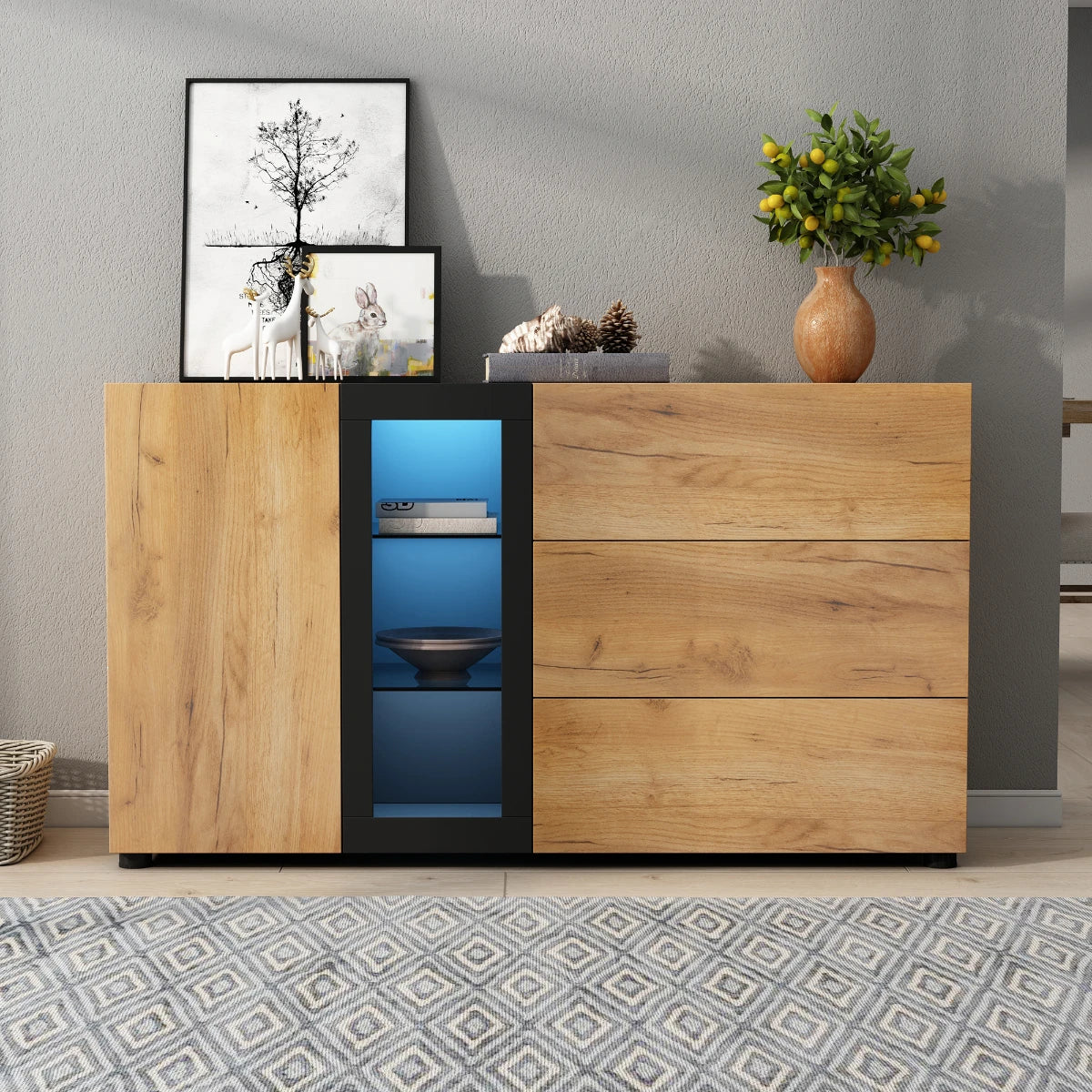 Buffet moderne 140 cm avec vitrine LED et 3 tiroirs