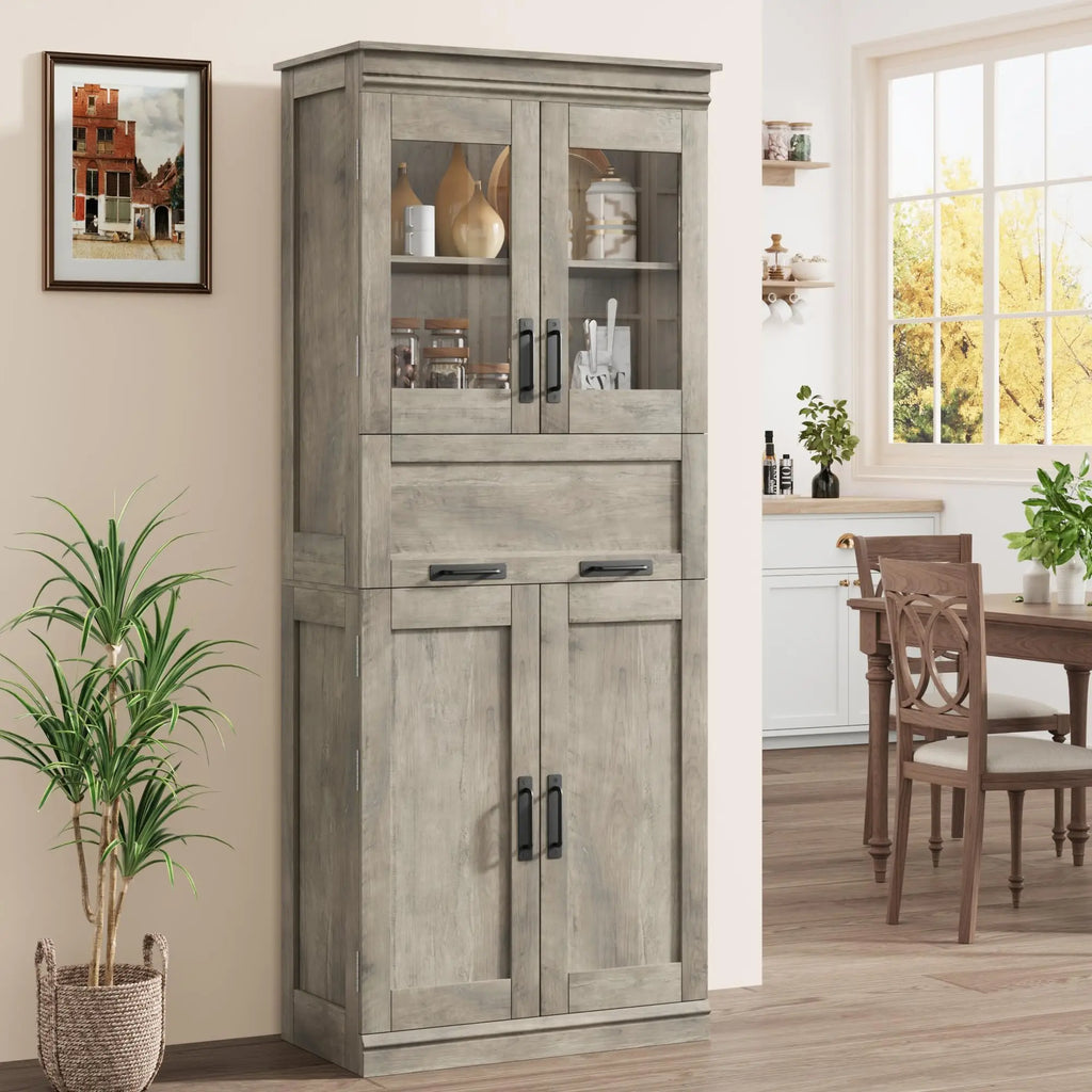 Colonne de salle de bain grise 170 cm avec rangement et portes vitrées, visuel 2