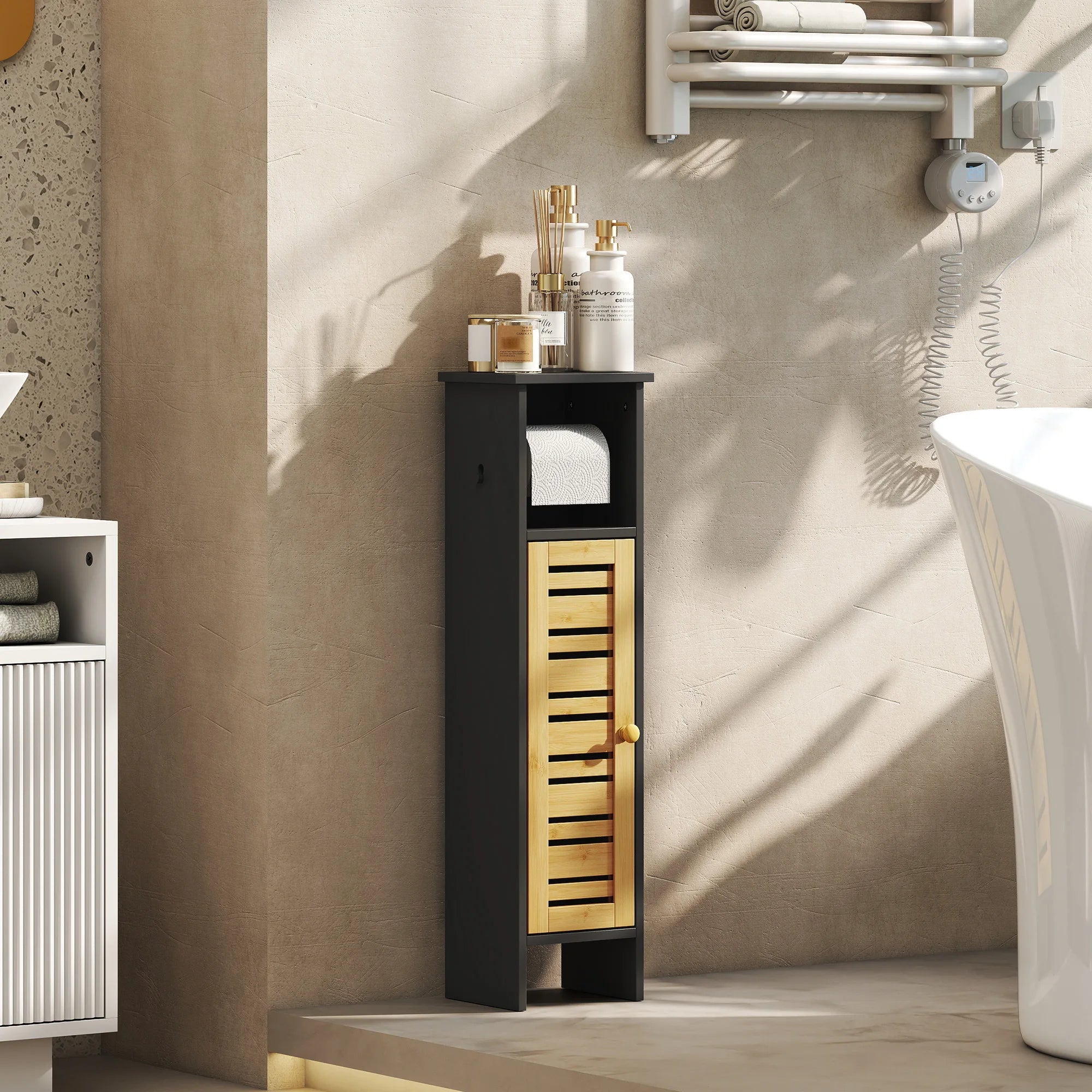Meuble WC étroit en bois et bambou avec porte-rouleau