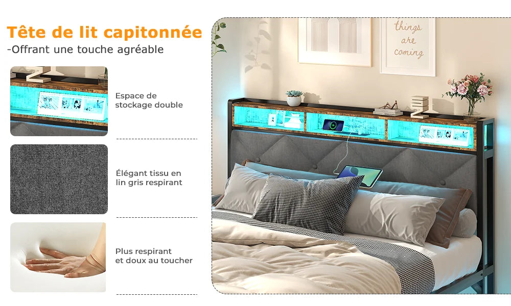 Lit 140 × 190 cm avec LED, USB et rangement