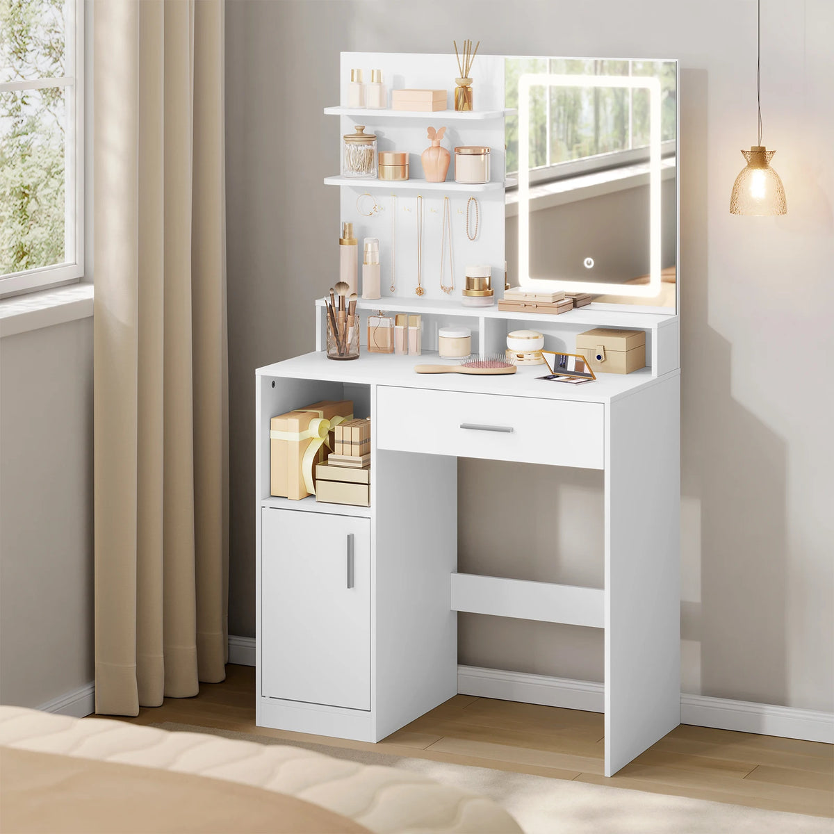 Coiffeuse blanche avec miroir LED et rangement