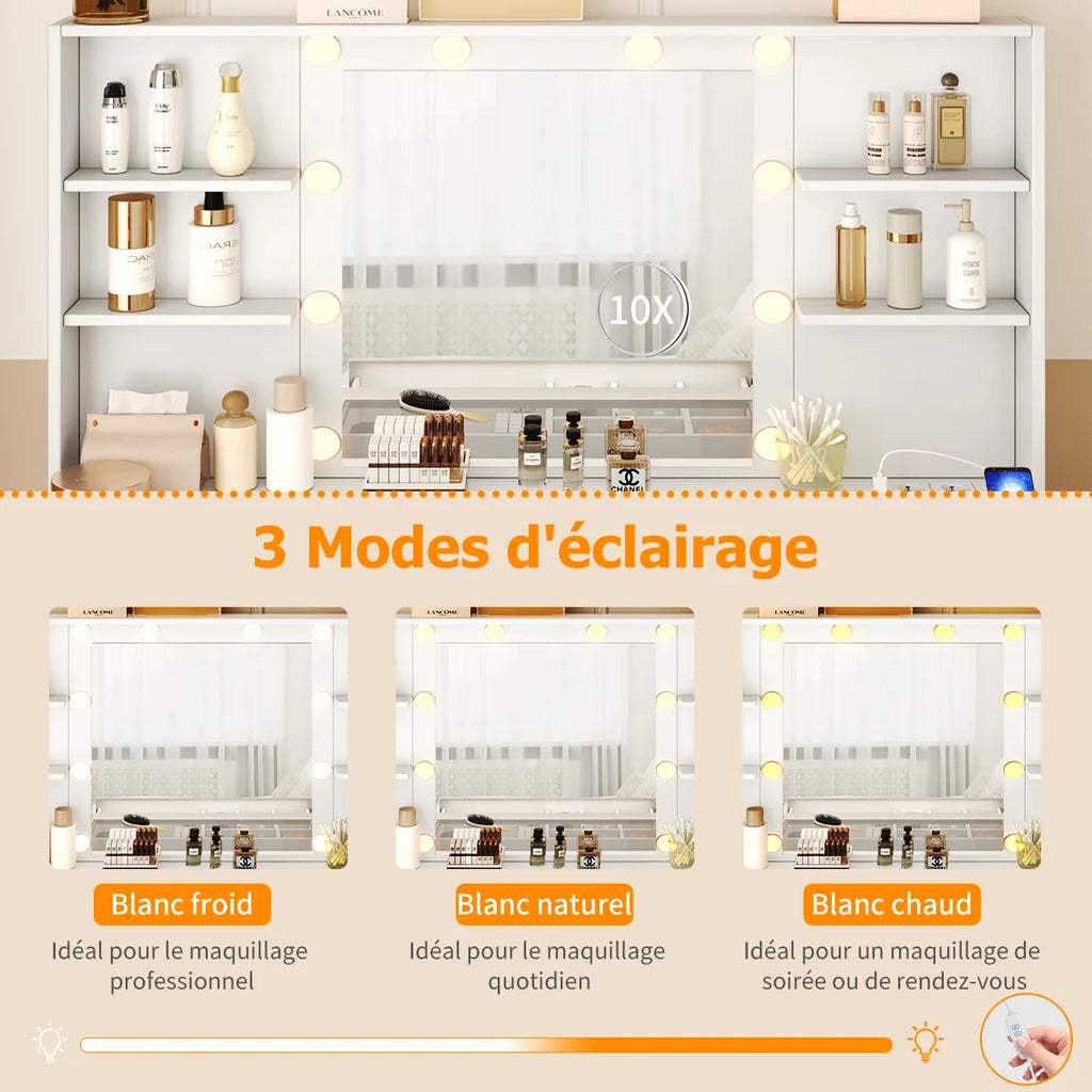 Coiffeuse avec miroir LED, 3 tiroirs et tabouret