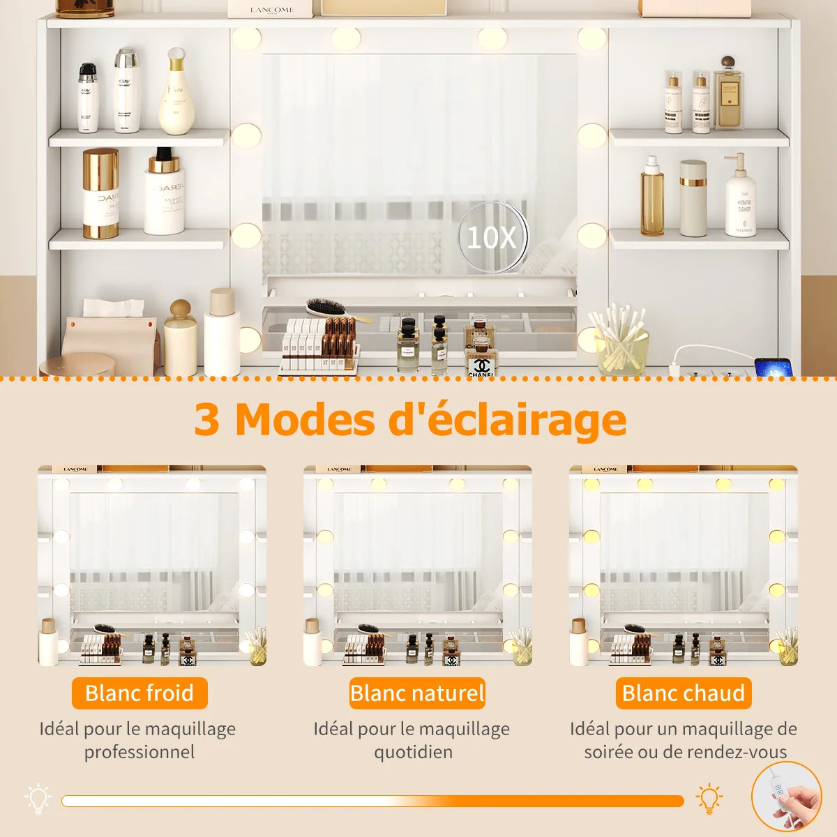 Coiffeuse avec miroir LED, 3 tiroirs et tabouret