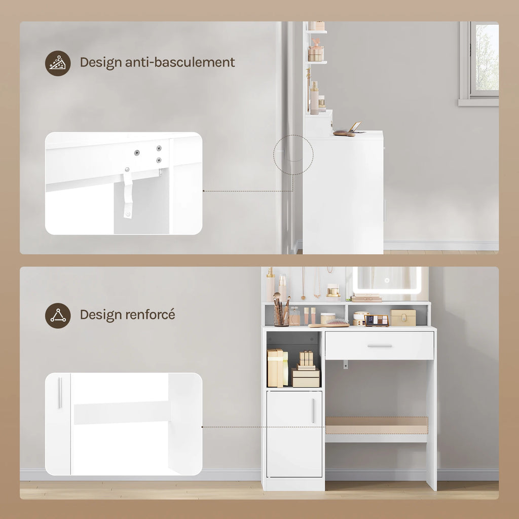 Coiffeuse blanche avec miroir LED et rangement