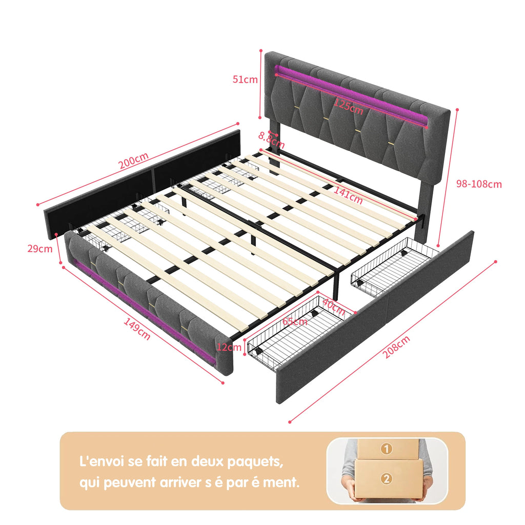 Lit double rembourré avec 4 tiroirs