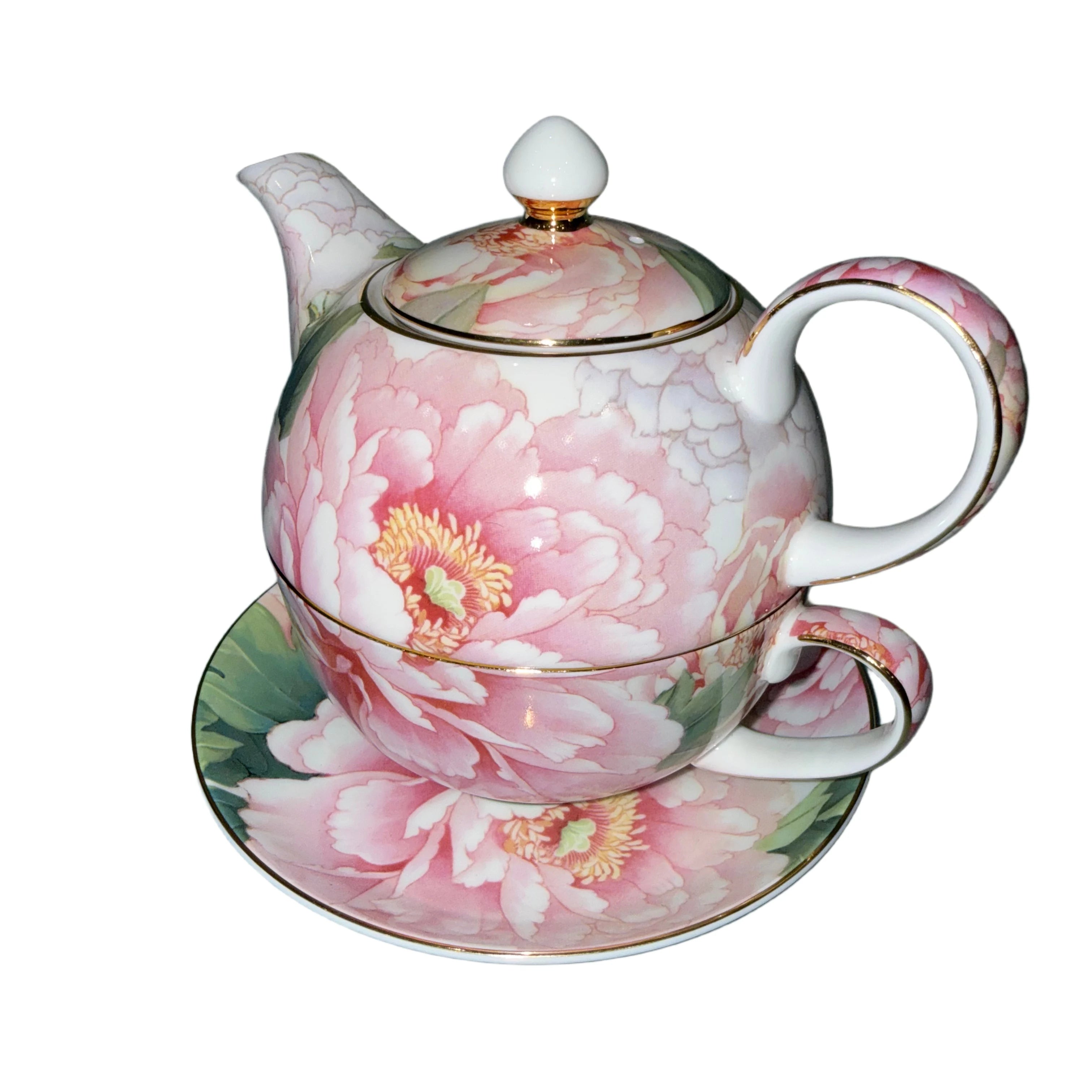 Théière, tasse et soucoupe en porcelaine, motif pivoines – vue 7