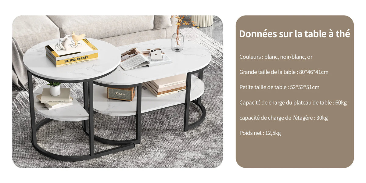 Tables basses gigognes ronde et ovale, effet marbre clair — disposition rapprochée